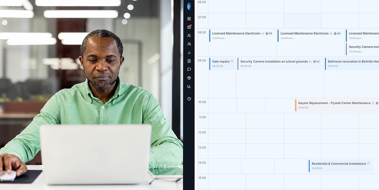 Maintenance company team coordinating jobs using digital field service management dashboard